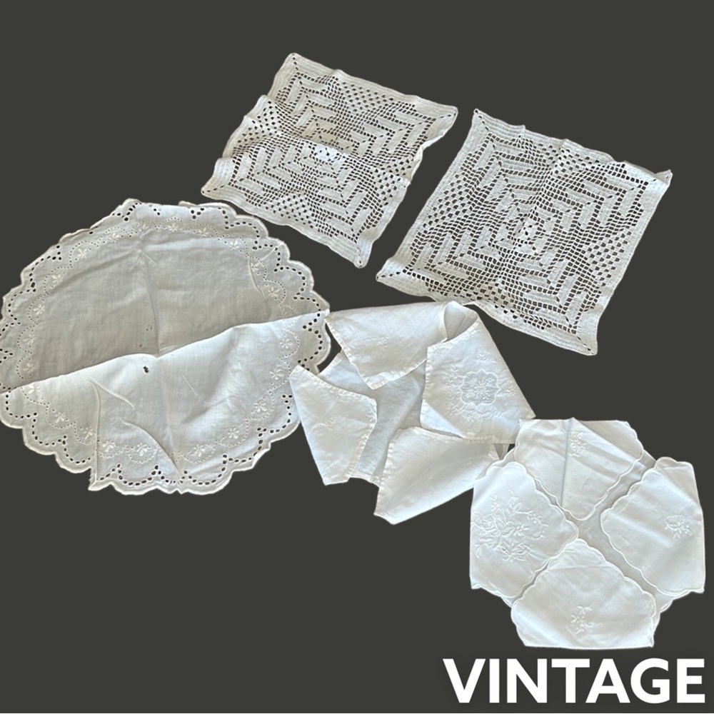 (5) Vintage Bread Basket liners Cotton Macrame Embroidery Shabby Chic Farmhouse​